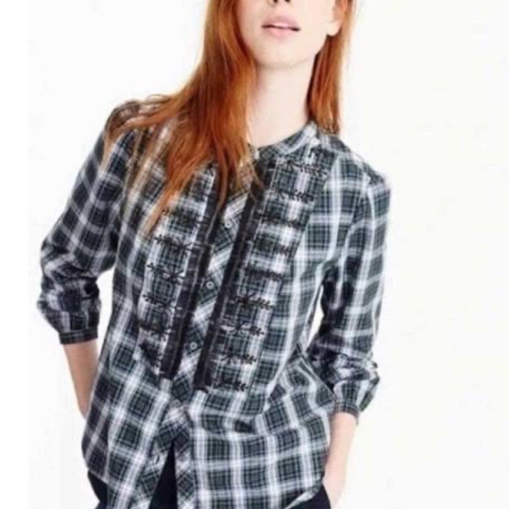 J. Crew Plaid Embellished Beaded Button Up Tartan Plaid Shirt Women's Small NWOT